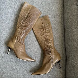 Vintage Jimmy Choo tan leather ruched shaft heeled boots
